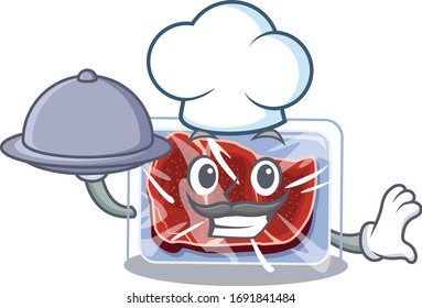 Frozen beef chef cartoon character serving food on tray