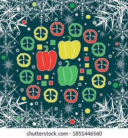 Frozen bell peppers. Banner. Composition of three whole peppers, cut into rings and cubes. Against the background of snowflakes. Template for design labels, packages, advertising
