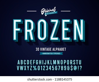 "Frozen" Blue Vintage Stylish Alphabet in cold colours. Original Old School Retro Typeface. Condensed Letters, Numbers and Symbols. Vector Illustration. 