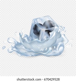 Frozen blueberries in glossy ice cube drop in water with big splash isolated vector illustration on transparent background.