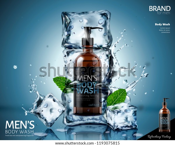 Frozen body wash in ice\
cubes with mint leaves and splashing water in 3d illustration on\
blue background