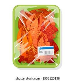 Frozen boiled red crayfishes are on green plastic tray covered with polyethylene food wrap with label. Prepared lobsters or crawfishes under clingfilm. Vector cartoon mockup isolated on white.