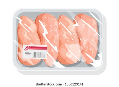 Frozen boneless chicken breasts, poultry fillet on plastic tray covered with transparent kitchen film, clingfilm. Ingredient for homemade ground meat, patties. Vector cartoon illustration on white.