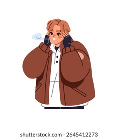 Garoto congelado respira com vapor da boca no inverno. Jovem vestindo roupas quentes, casaco congela do tempo frio. Pessoa em calafrios de roupa exterior. Ilustração de vetor isolado plano sobre fundo branco