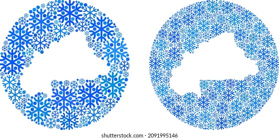 Frozen Burkina Faso map mosaic is created with circle and subtracted shape. Vector Burkina Faso map collage of ice particles in variable sizes and blue color tints. Created for winter news.