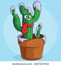 Frozen Cactus Hand-Drawn Vector Illustration of a Cactus Covered in Snow and Wearing a Red Scarf