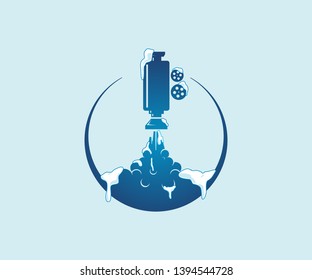 frozen camera launch with snow melt. Creative film production logo design. camera icon, film maker vector logo template