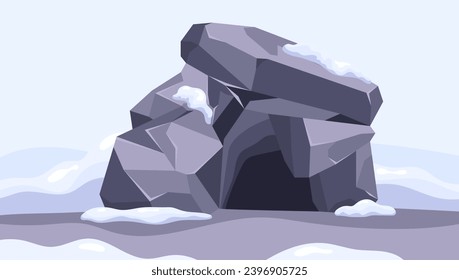 Cueva congelada con hielo, ilustración vectorial de dibujos animados de nieve. Paisaje invernal con entrada de montaña. La cubierta exterior de la temporada fría.