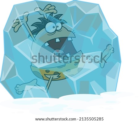 Frozen Caveman Cartoon Character In A Block Of Ice. Vector Hand Drawn Illustration Isolated On White Background