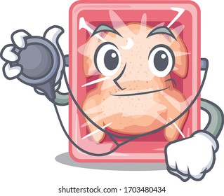 Frozen chicken in doctor cartoon character with tools