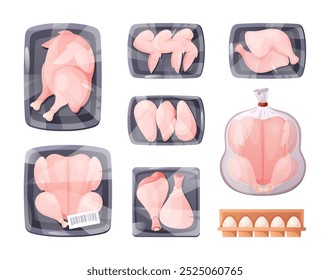 Frozen chicken meat. Vector set of whole raw chicken in tray packing with wings, chicken drumsticks, eggs in box, breast halves fillets. Broiler meat. Poultry package for supermarket. Vacuum packaging