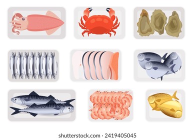 Frozen or chilled seafood in plastic containers set. Top view of trays of rectangle shapes with polyethylene transparent wrap, squid and crab, shrimp and fish slices cartoon vector illustration