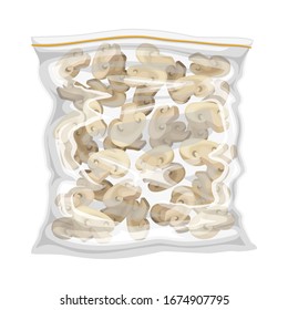Frozen Chopped Mushrooms Stored in Plastic Package Vector Illustration