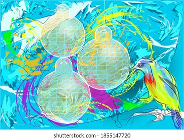 frozen christmas. christmas balls and multocolor bird on abstract background