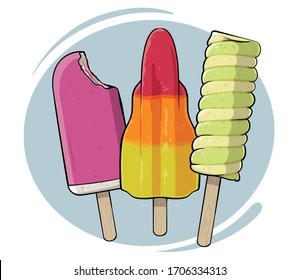 frozen colorful popsicle ice cream, happy iced lolly for summer on stick, delicious rocket water ice red orange yellow, purple berry ice, twisted green lemon ice cream vanilla