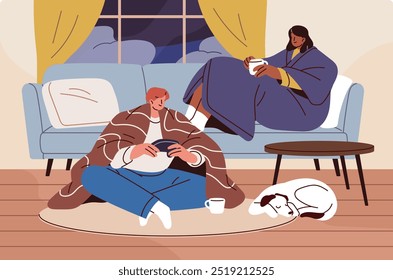 Frozen couple with dog stays at home together in cold weather. Friends sit on sofa, play video games, drink coffee in winter frost. People freeze, warm up under blankets. Flat vector illustration