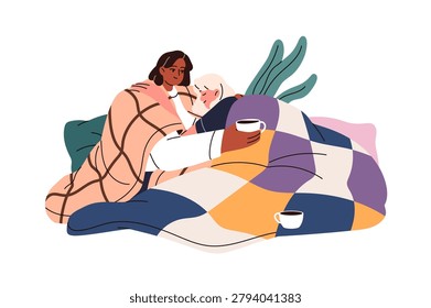 Frozen couple of girls is lying under blankets and warms up with cup of hot drink. People are freeze at home in winter. Women hug in bed from cold, frost. Flat isolated vector illustration on white