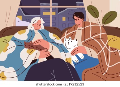 Frozen couple stays at home in cold weather. Happy friends sit on sofa, pet cute cat and dog in winter frost. People freeze, warm up under patterned blankets together. Flat vector illustration