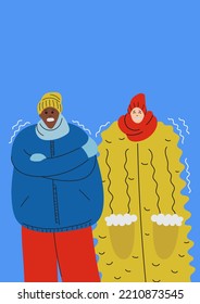 Frozen couple in winter. Man and woman character in the cold in warm clothes.  People are shivering. Cartoon flat vector illustration