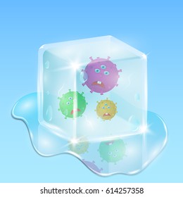 Frozen in a cube of ice, evil and sad microbes. Water and drops everywhere. Illustration in cartoon 3d style. Bright and beautiful scientific scene