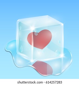 Frozen in a cube of ice heart. Waiting for love. Composition on the day of the holy valentine. A pool of water and drops everywhere