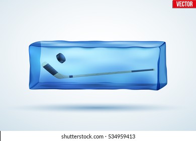 Frozen cube with ice hockey sticks and puck. Sporting symbol and sign. Vector Illustration isolated on background.