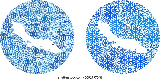 Frozen Curacao Island map mosaic designed with sphere and subtracted space. Vector Curacao Island map mosaic of snow items in different sizes and blue shades. Designed for New Year projects.