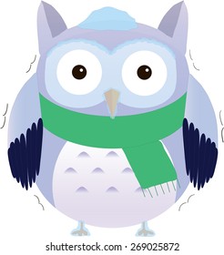 Frozen cute vector purple owl in green scarf.