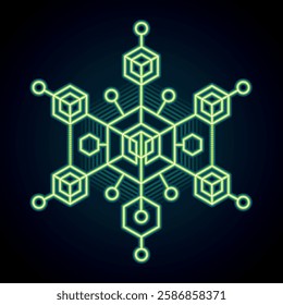 Frozen Data Matrix. Green Neon Tech Structure with Geometric Snowflake Design. Glowing Green Blockchain Network