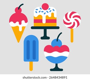 Frozen dessert and snack icon set. Ice creams, popsicles, whipped sundaes, balloons and patriotic toppings with 4th of July vibe