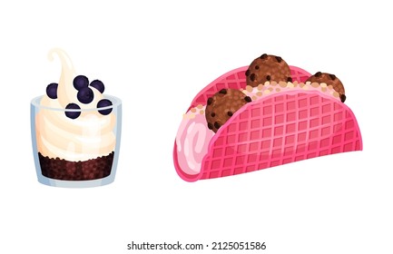 Frozen Dessert with Sweet Flavor and Cream in Glass Jar and Waffle Vector Set