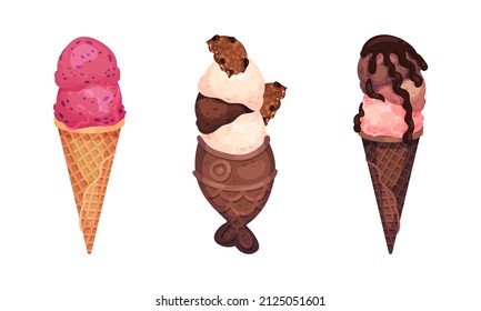 Frozen Dessert with Sweet Flavor and Cream in Waffle Cone Vector Set