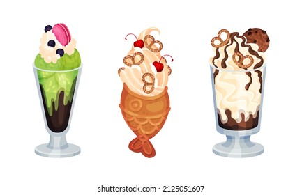 Frozen Dessert with Sweet Flavor and Cream in Glass Jar and Waffle Vector Set