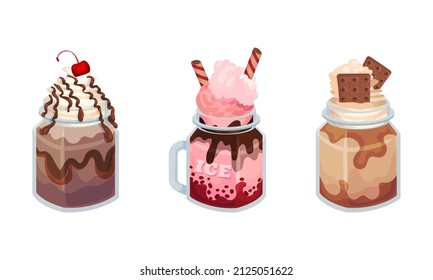 Frozen Dessert with Sweet Flavor and Cream in Glass Jar Vector Set