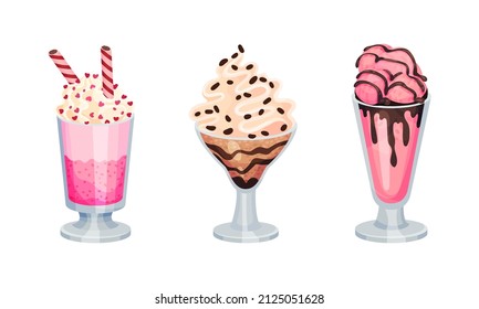 Frozen Dessert with Sweet Flavor and Cream in Glass Jar Vector Set