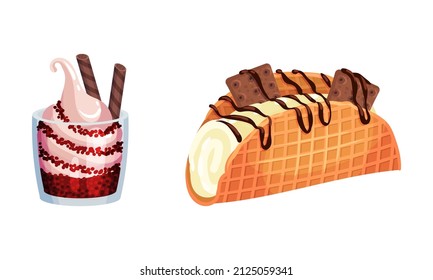 Frozen Dessert With Sweet Flavor And Cream In Glass Jar And Waffle Vector Set