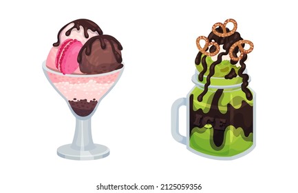 Frozen Dessert with Sweet Flavor and Cream in Glass Jar Vector Set