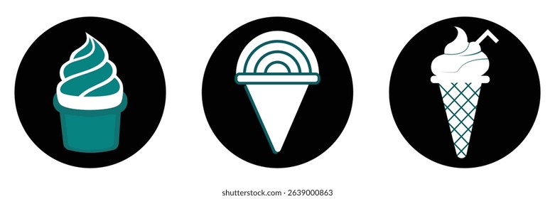 Frozen dessert swirl cone summer treat dairy scoop cold creamy soft serve snack sweet food icon black circle vector set design.