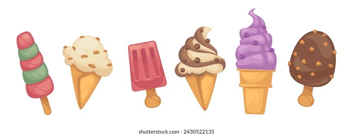 Postres congelados de tienda, cafetería o restaurante. Helados aislados en conos, comida sabrosa con galletas, arándanos y trozos de nueces. Decoración de chocolate y pistachos en la parte superior. Vector en estilo plano