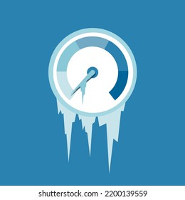 Frozen dial is displaying zero as metaphor of stop, stoppage, halt and cut off of energy supply leading to cold frost and ice in the winter. Vector illustration isolated on plain blue background.