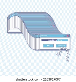 A frozen download window and a frozen computer mouse arrow. Retro screen. Nostalgic y2k aesthetics of the user interface of an old computer. Vector illustration on a blue checkered background.