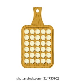 Frozen dumplings on cutting board. National Russian food. Vector illustration of meat delicacy.