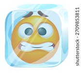 Frozen emoji inside a transparent ice cube. Funny winter mood emoticon on white background.