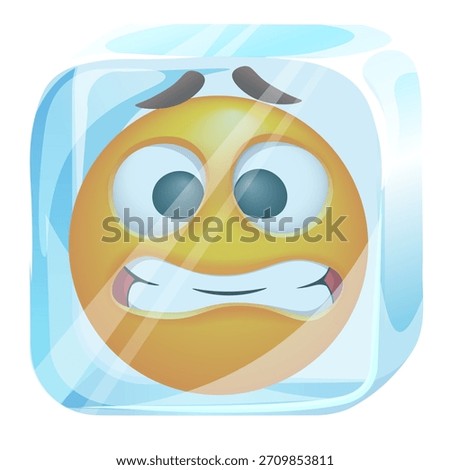 Frozen emoji inside a transparent ice cube. Funny winter mood emoticon on white background.