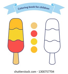Frozen eskimo on a stick. Ice cream coloring book for children. Outlined doodle.Flat vector.Isolated on a white background.