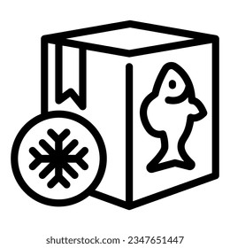 Pescado congelado en el icono de la línea de caja, concepto de pesca, contenedor refrigerador para la señal de marisco sobre fondo blanco, icono de la caja de pescado congelado en contorno para diseño web móvil. Gráficos vectoriales.