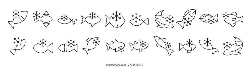 Frozen Fish Line Icon Pack. Umrissschilder für Grafik- und Webdesign, Apps, Werbung, verschiedene Karten