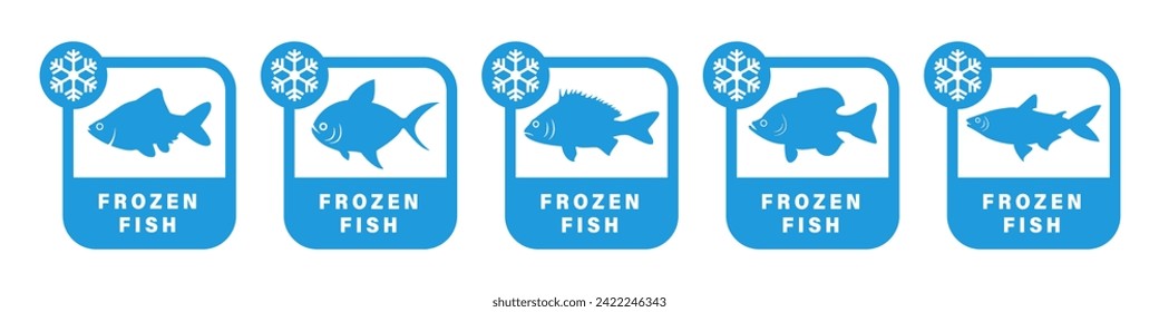 Frozen Fish. Vector stickers for seafood packaging. 