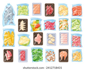 Frozen food bag. Freeze preservation products in plastic polyethylene bag from fridge or supermarket freezer, meat fruit vegetable ice packaging, cartoon vector illustration of bag with frozen food