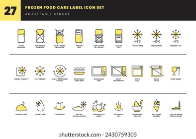 frozen food care label icon set. symbols of food grade. how to serve frozen meal. how to storage method frozen product. 